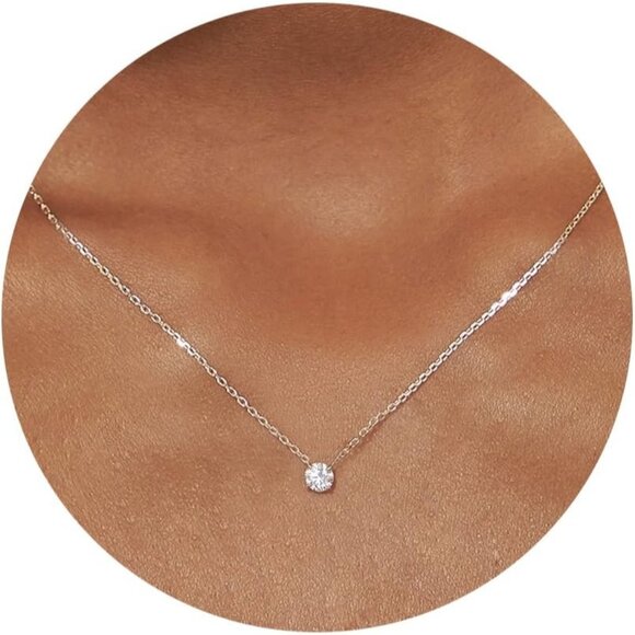 Women's Dainty Gold Necklace-14k Gold Plated Solitaire Cubic Zirconia Necklaces - Picture 1 of 7